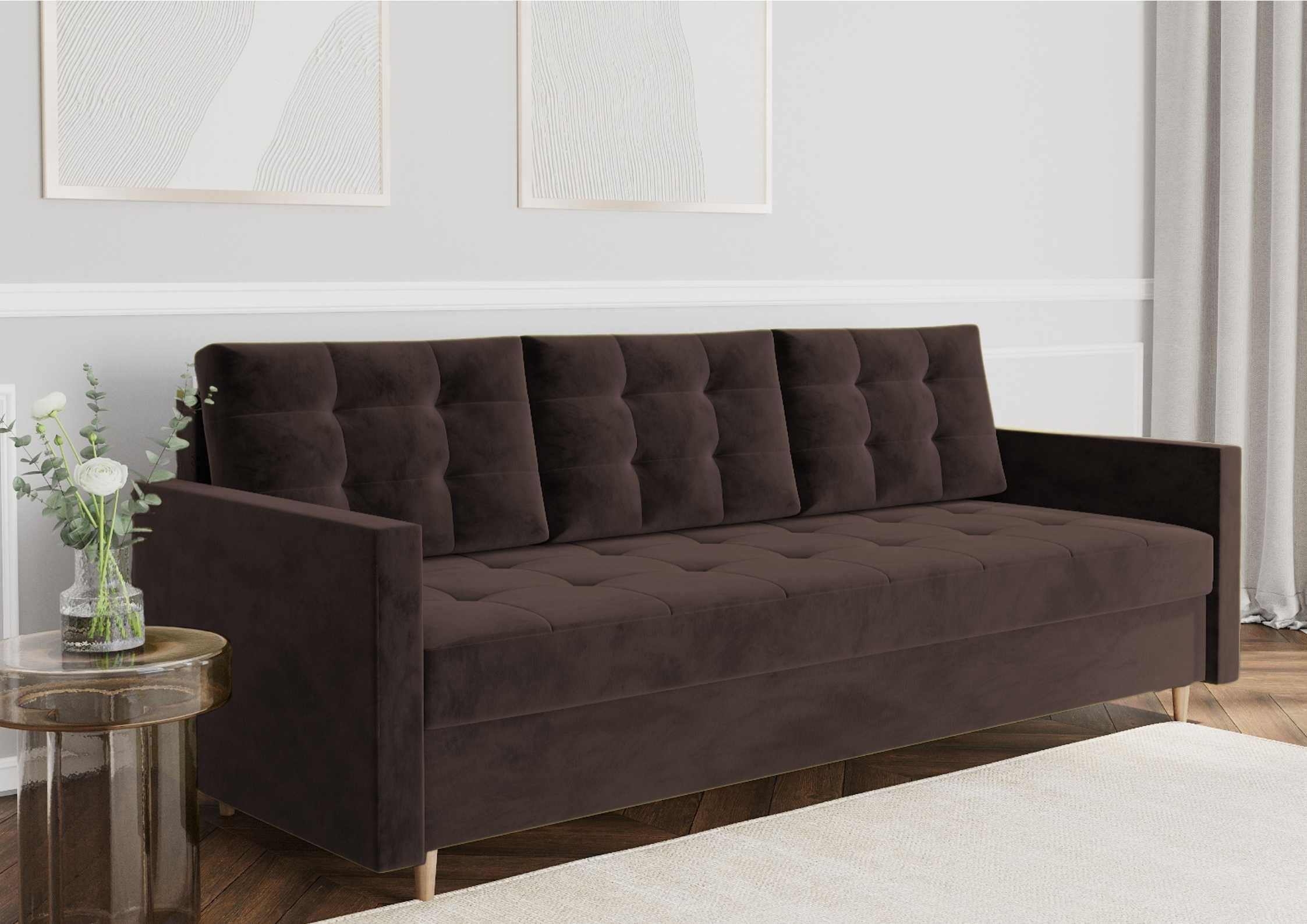 Pikowana sofa z funkcją spania na drewnianych nogach w kolorze brązowym